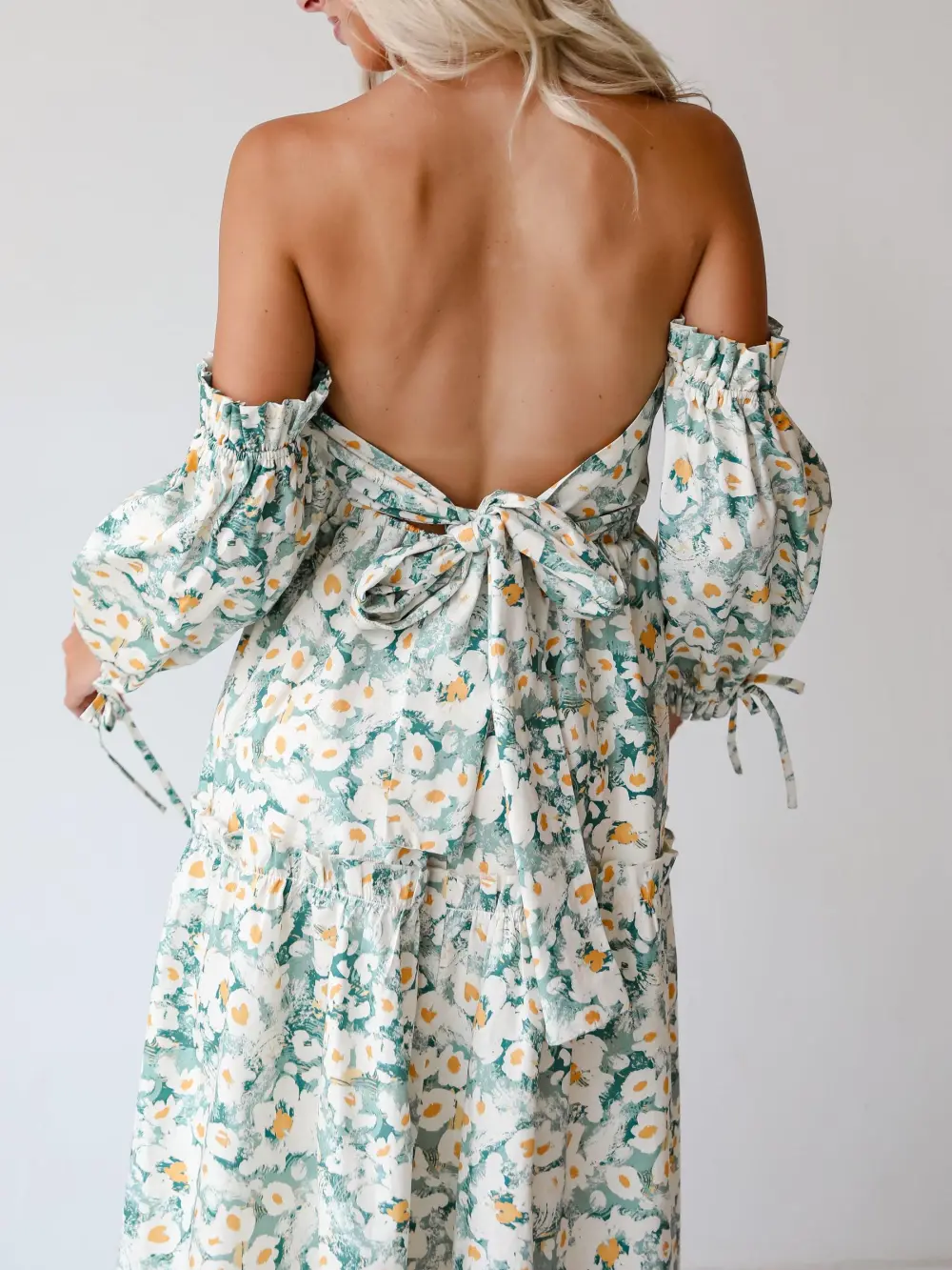 Sage Floral Off-The-Shoulder Midi Dress