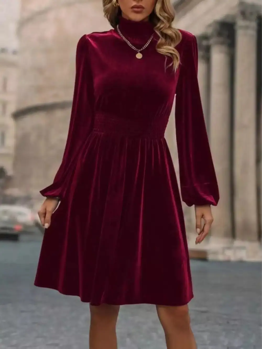 Velvet High Neck Long Sleeve Dress Casual