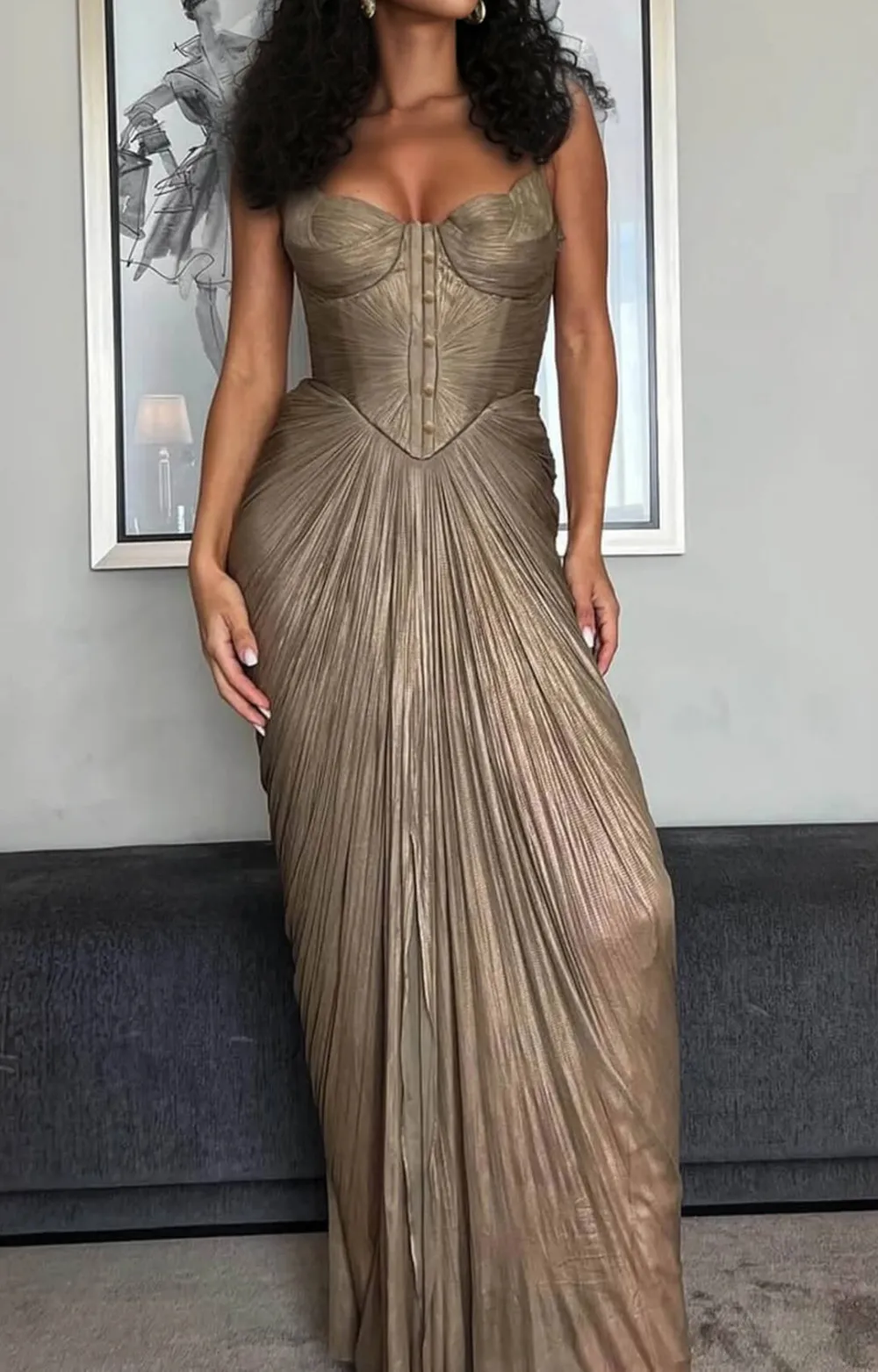 Pleated Metallic Tie Slit Maxi Gown