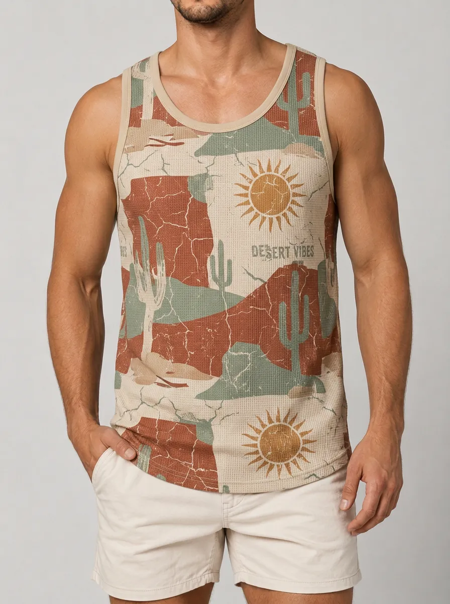 Men's Desert Vibes Cactus Sun Printed Tank Top