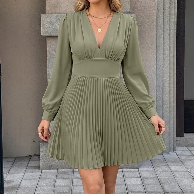 Women's V-Neck Long-Sleeve Pleated Party Dress