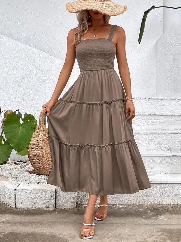 Women'S Frill Trim Ruffle Hem Shirred Backless Sundress Cami Dress, Sleeveless A Line Long Dress, Women'S Clothing For Summer Beach Holiday, Boho Clothes Women, Vintage Girly Clothes,