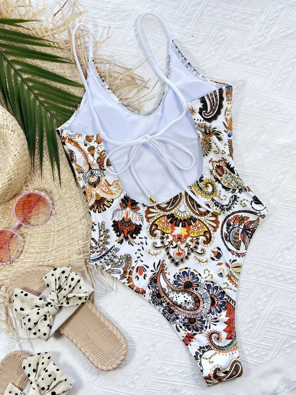 Printed Tie Back Scoop Neck One Swimsuit