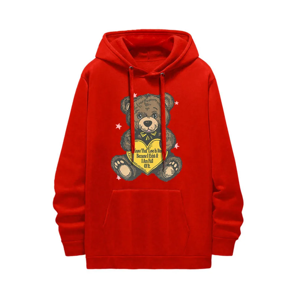 Teddy Bear Graphic Black Hoodie with Heart Element