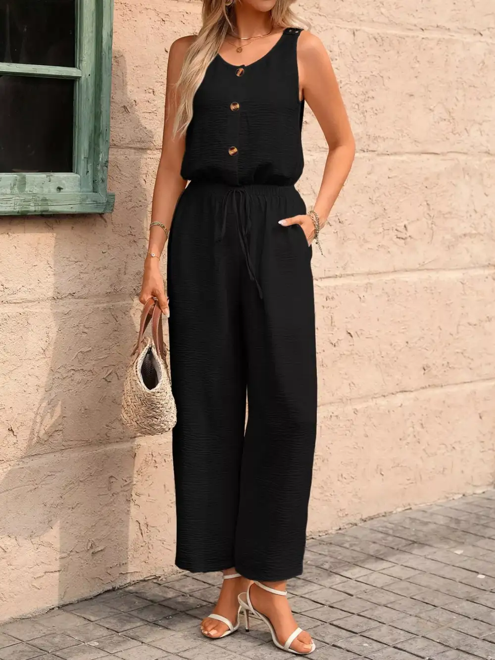 Sleeveless Button Front Wide Leg Jumpsuit