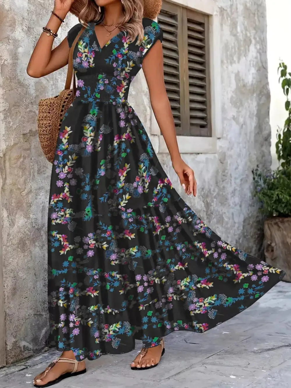 Smooth Finish Printed V Neck Maxi Dress