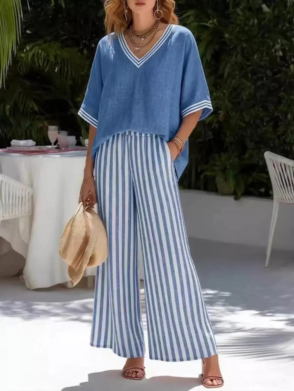 Full Size Striped V-neck Top and Wide Leg Pants Set Plus Size