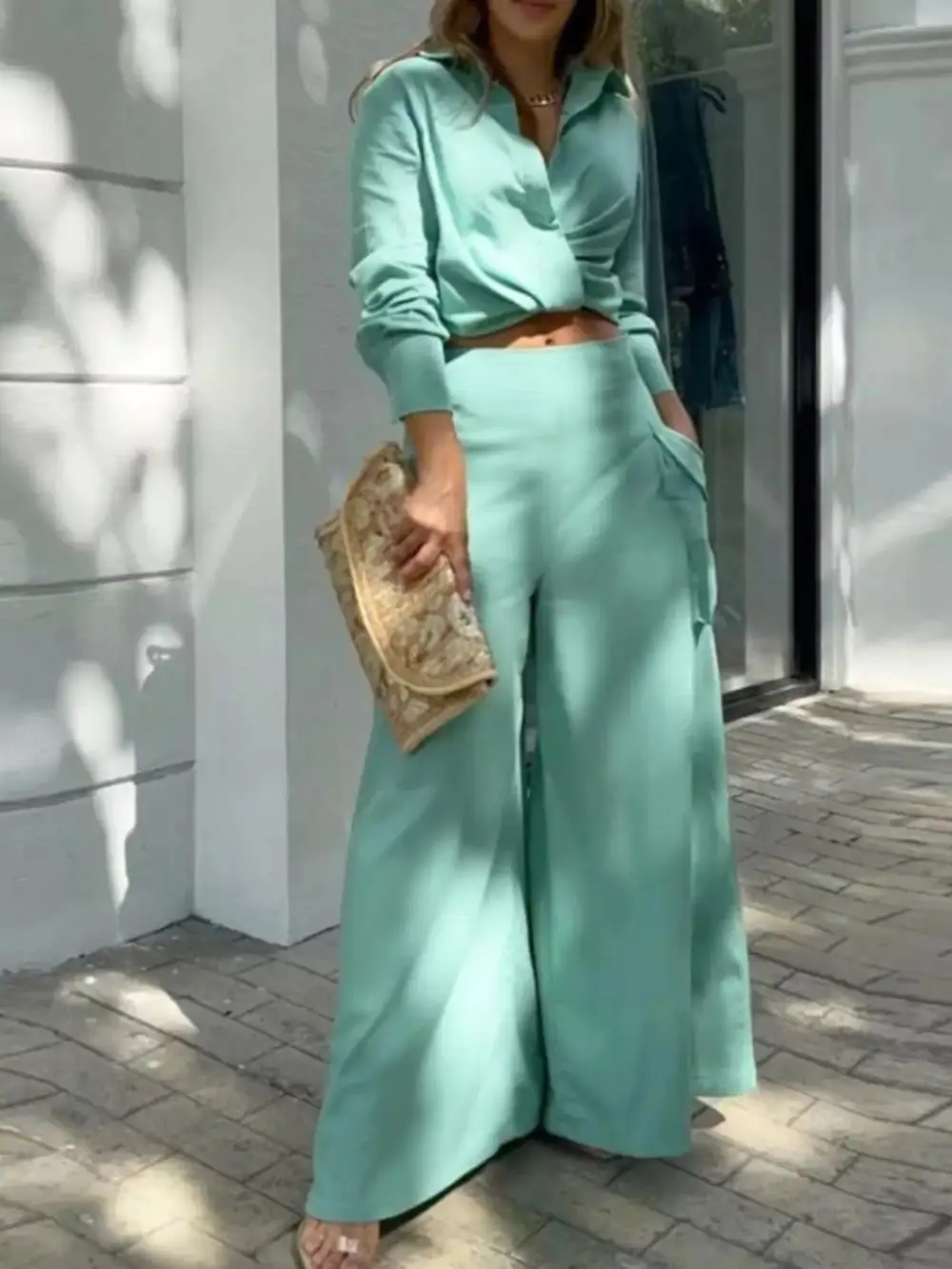 Long Sleeve Shirt and Wide Leg Pants Set
