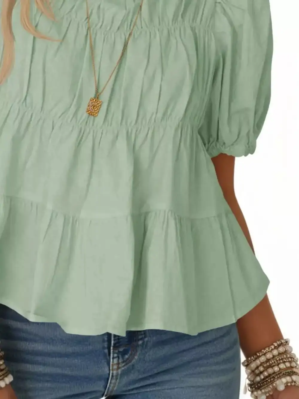Ruched Tiered Puff Sleeve Blouse