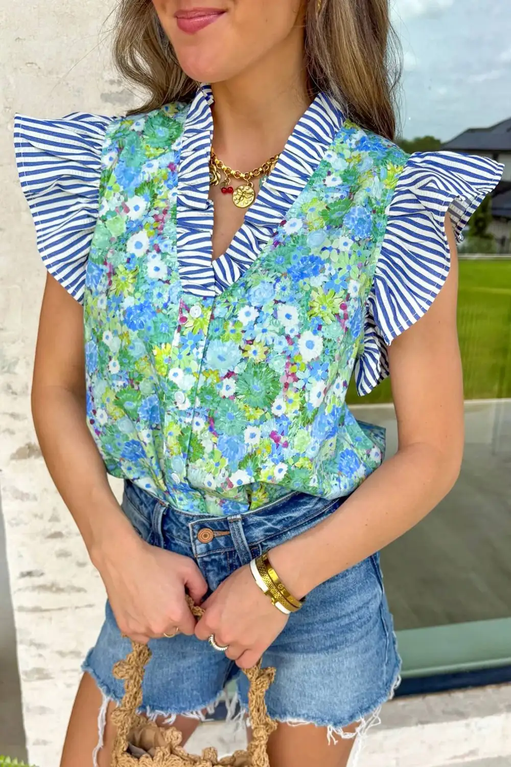 Green Floral Painting Print Striped Patchwork Flutter Sleeve V Neck Blouse