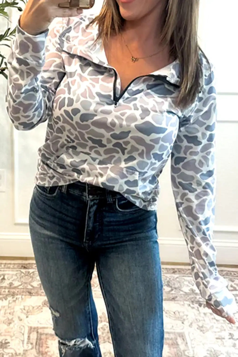 Camo Print Pocket Detail Zip Detail Zip Pullover Sweatshirt