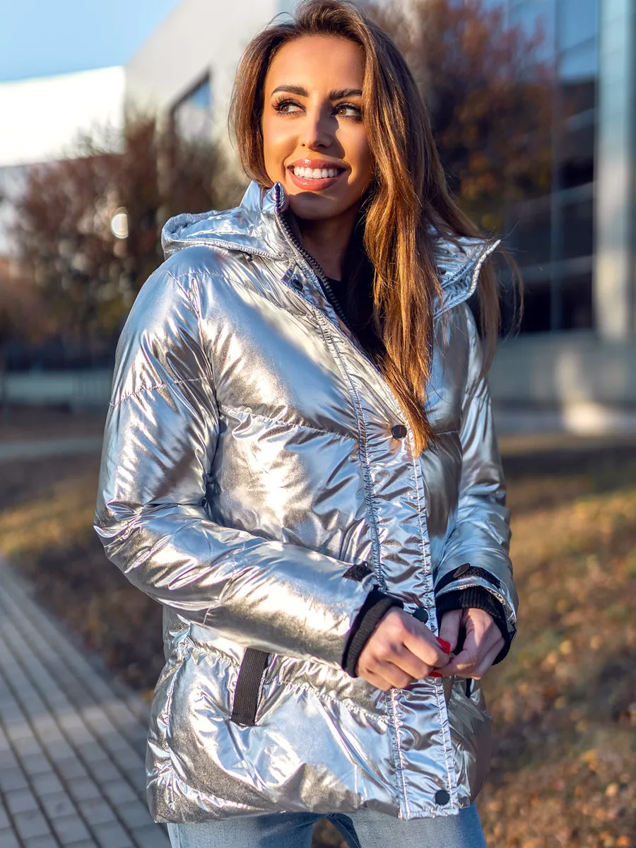 Women's Silver Quilted Winter Jacket With Hood