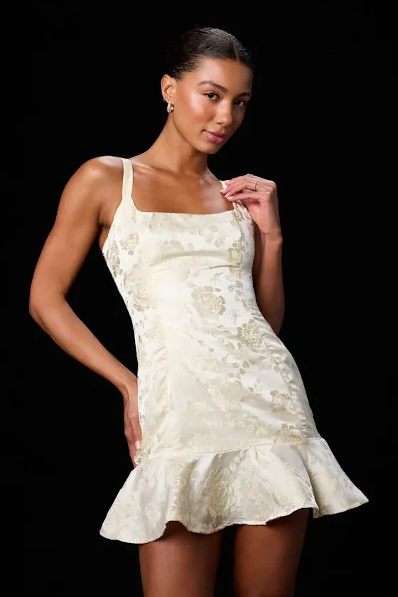 Jenner Pale Yellow Floral Jacquard Ruffled Mini Dress