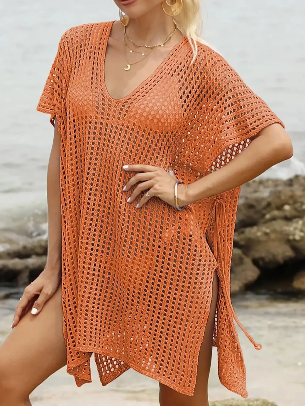 Side Tied V Neck Swim Cover Up