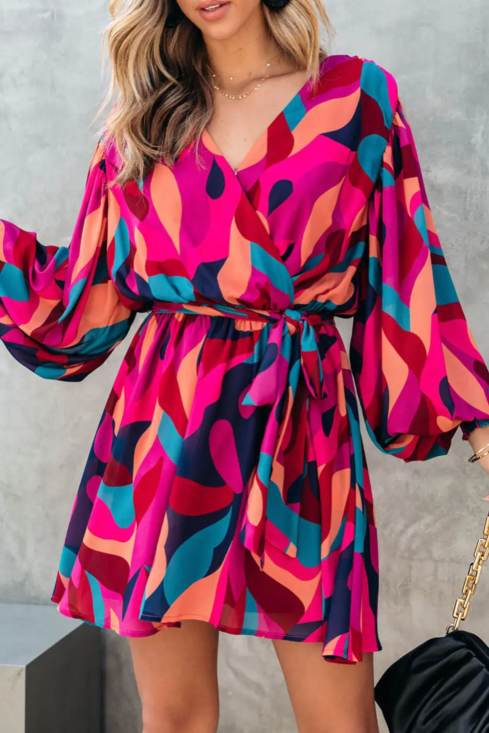 Abstract Print Belted Puff Sleeve Mini Dress