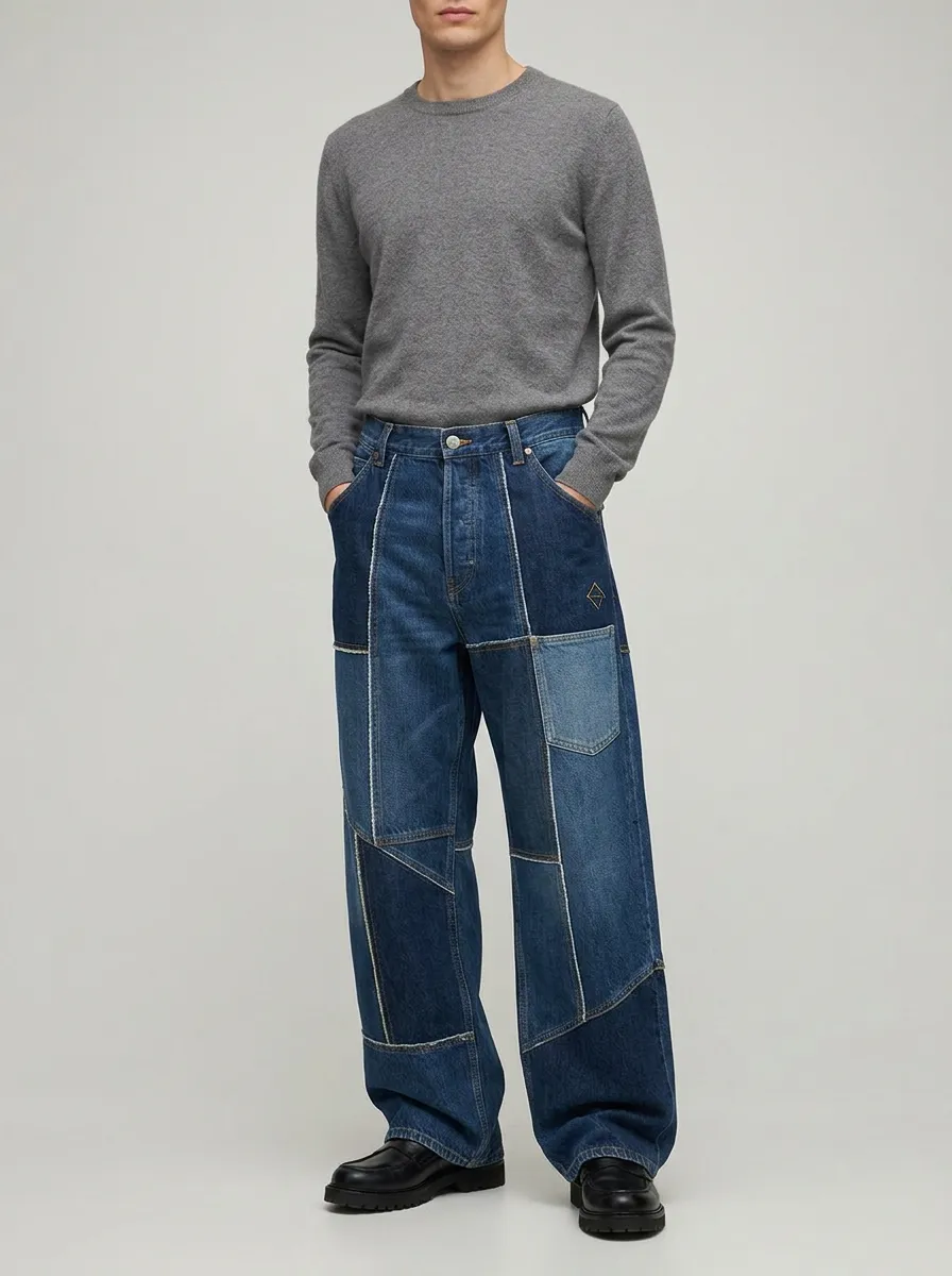 Wide Leg Patchwork Stitched Detail Vintage-Inspired Men's Loose Fit Jeans