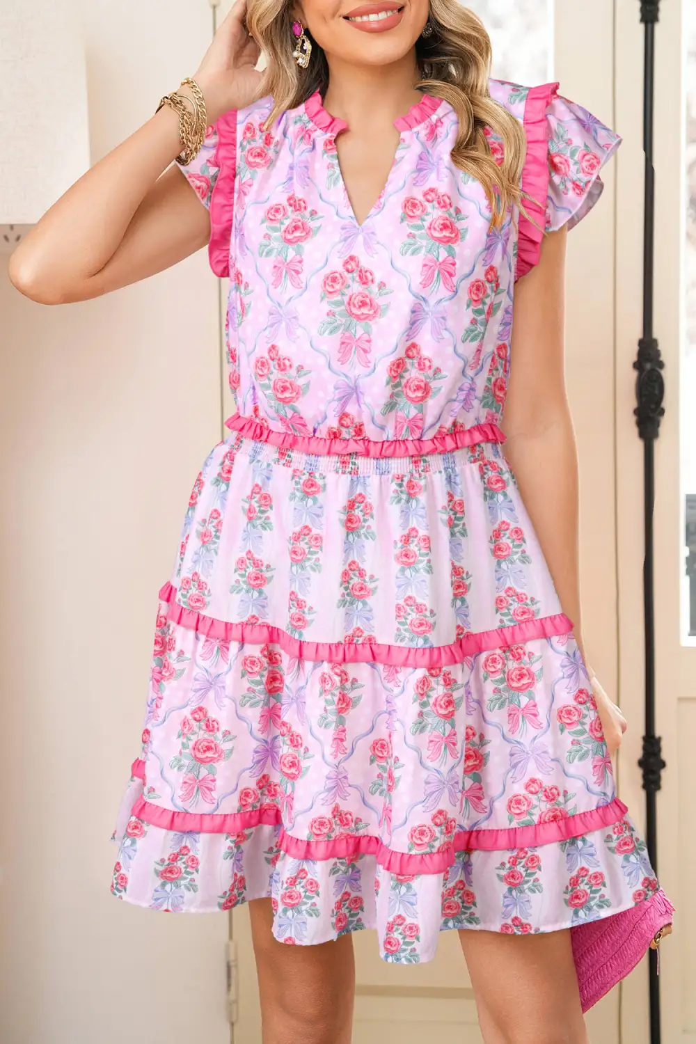 Gathered Detail Floral Ruffle Tiered Dress