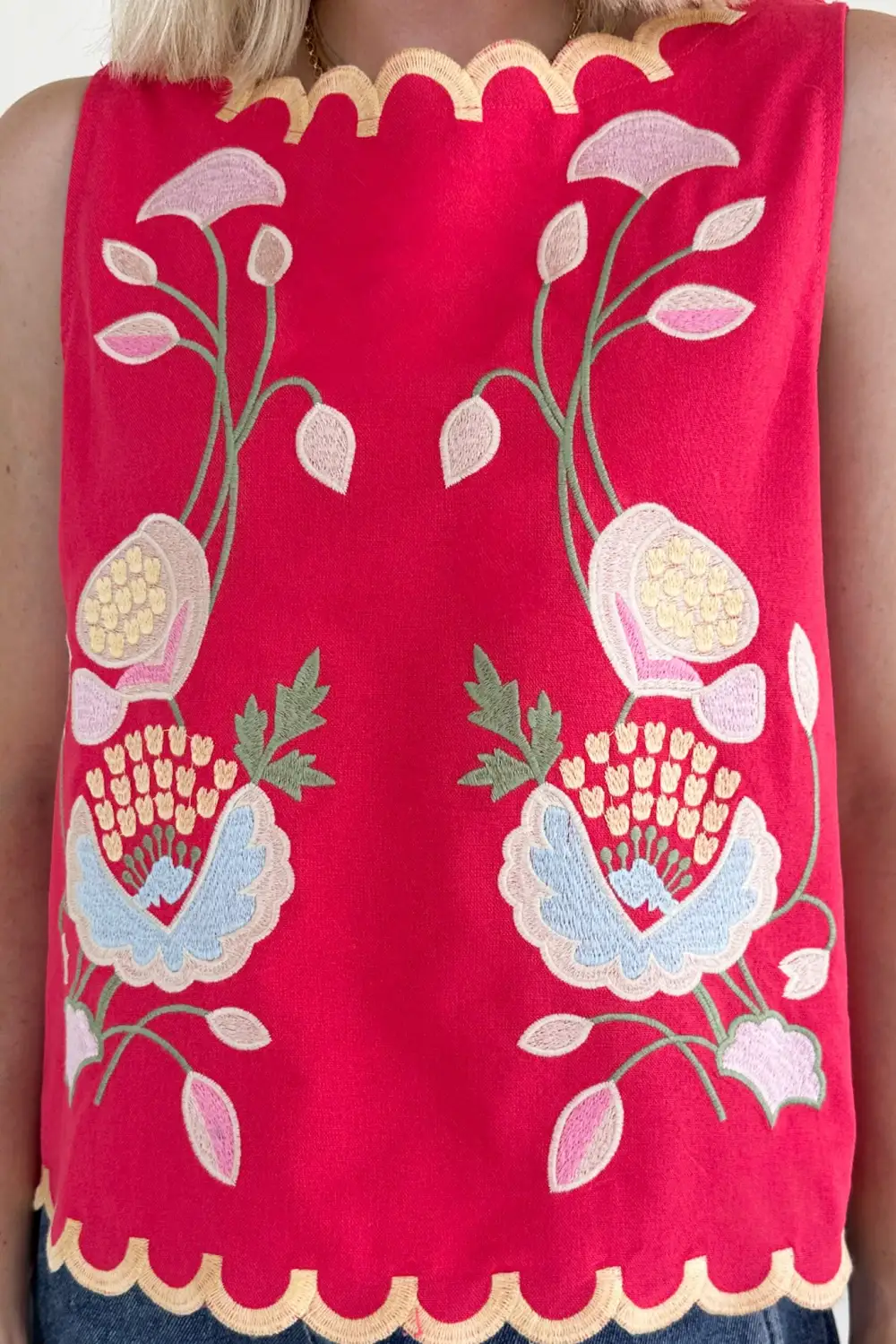 Structured Floral Embroidered Sleeveless Top