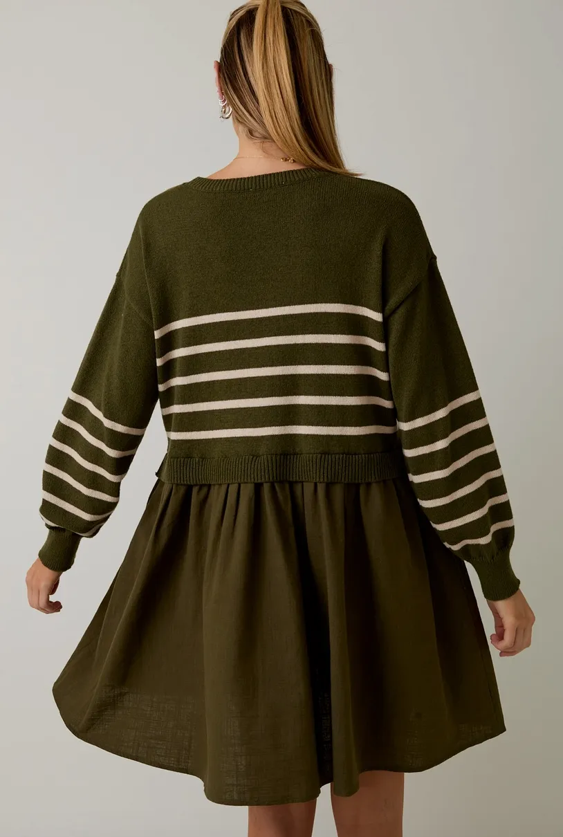 Olive Stripe Sweater Mix Mini Dress