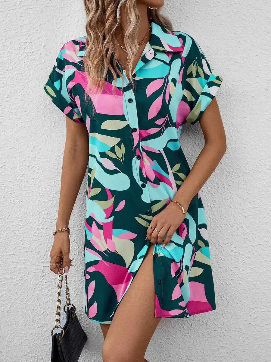 Short Sleeve Buttoned Contrast Color Printed Lapel Mini Dress Shirt Dress