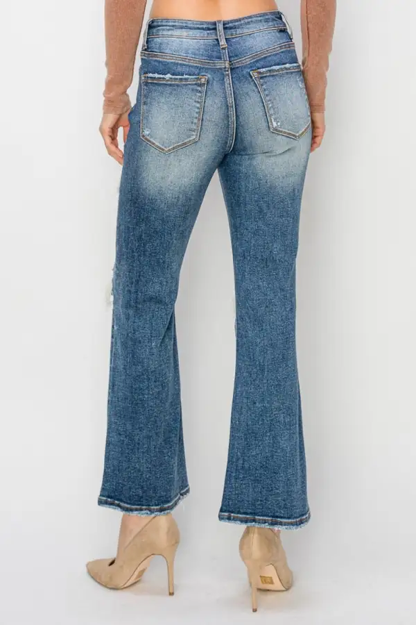 Smooth High Waist Flare Leg Distressed Denim Jeans