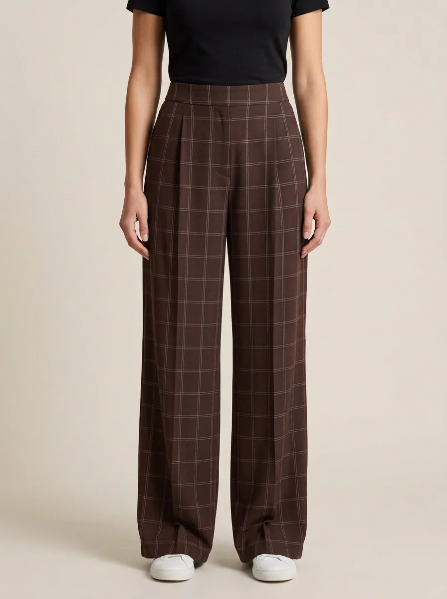 Clean-Line Wide-Leg Plaid Printed Women's Wide-Leg Pants