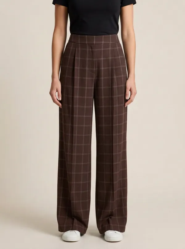 Clean-Line Wide-Leg Plaid Printed Women's Wide-Leg Pants