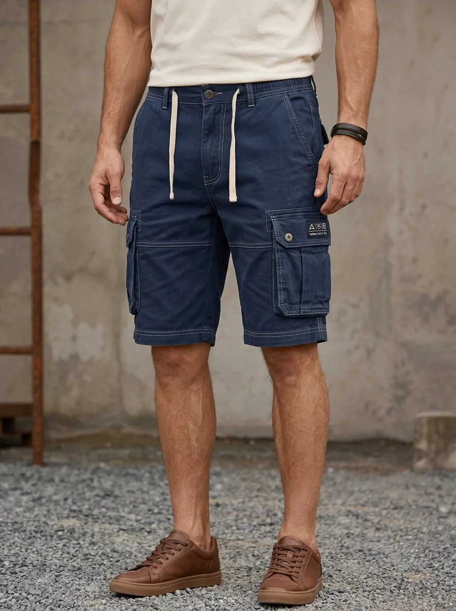 Men's Casual Navy Blue Drawstring Cargo Shorts