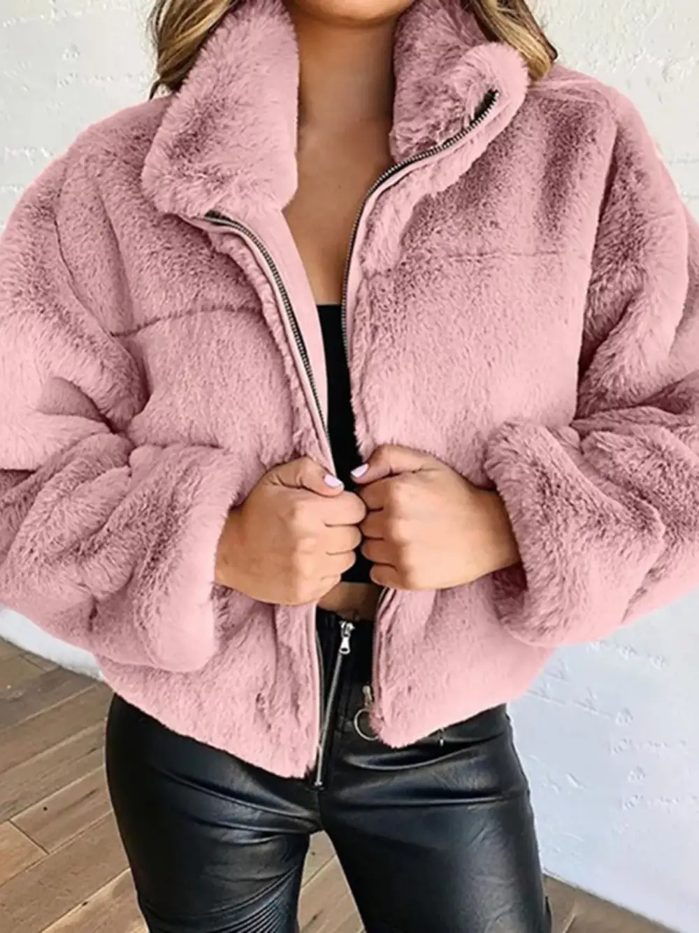 Full Size Faux Fur Cropped Zip-up Jacket Plus Size