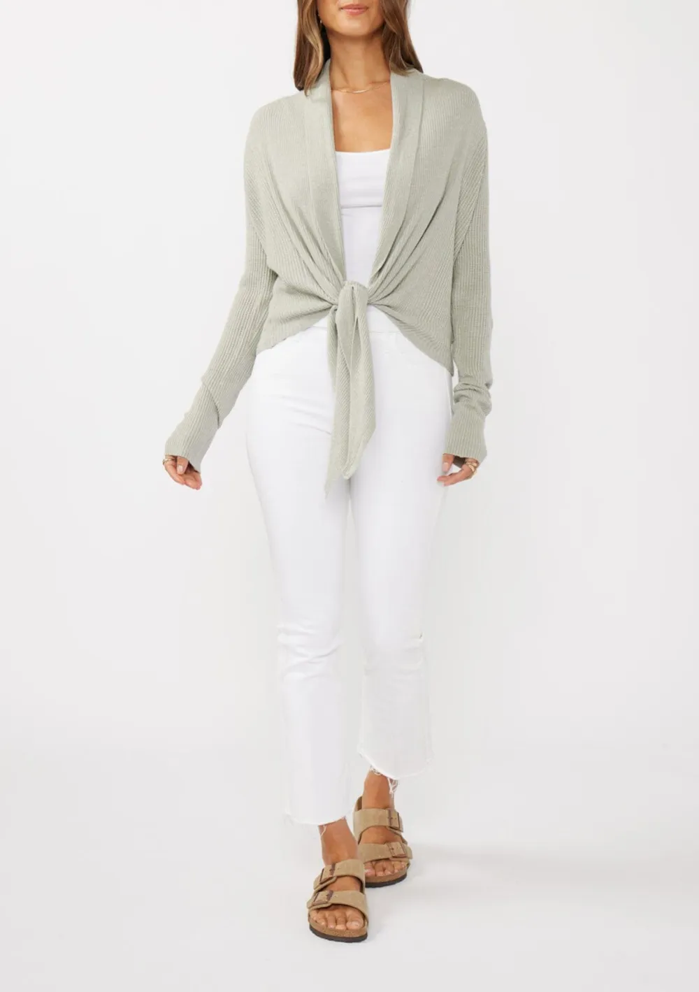 Ribbed Tie Front Long Sleeve Cardigan