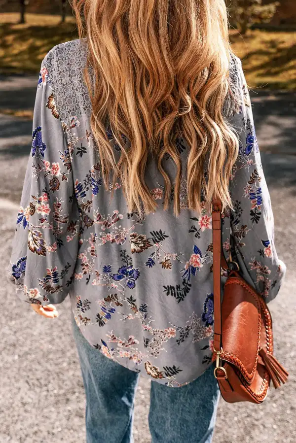 Floral Lace Trim Tie Detail Blouse