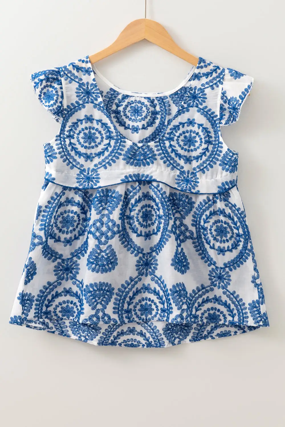 Blue Boho Print Flutter Sleeve Crew Neck Blouse