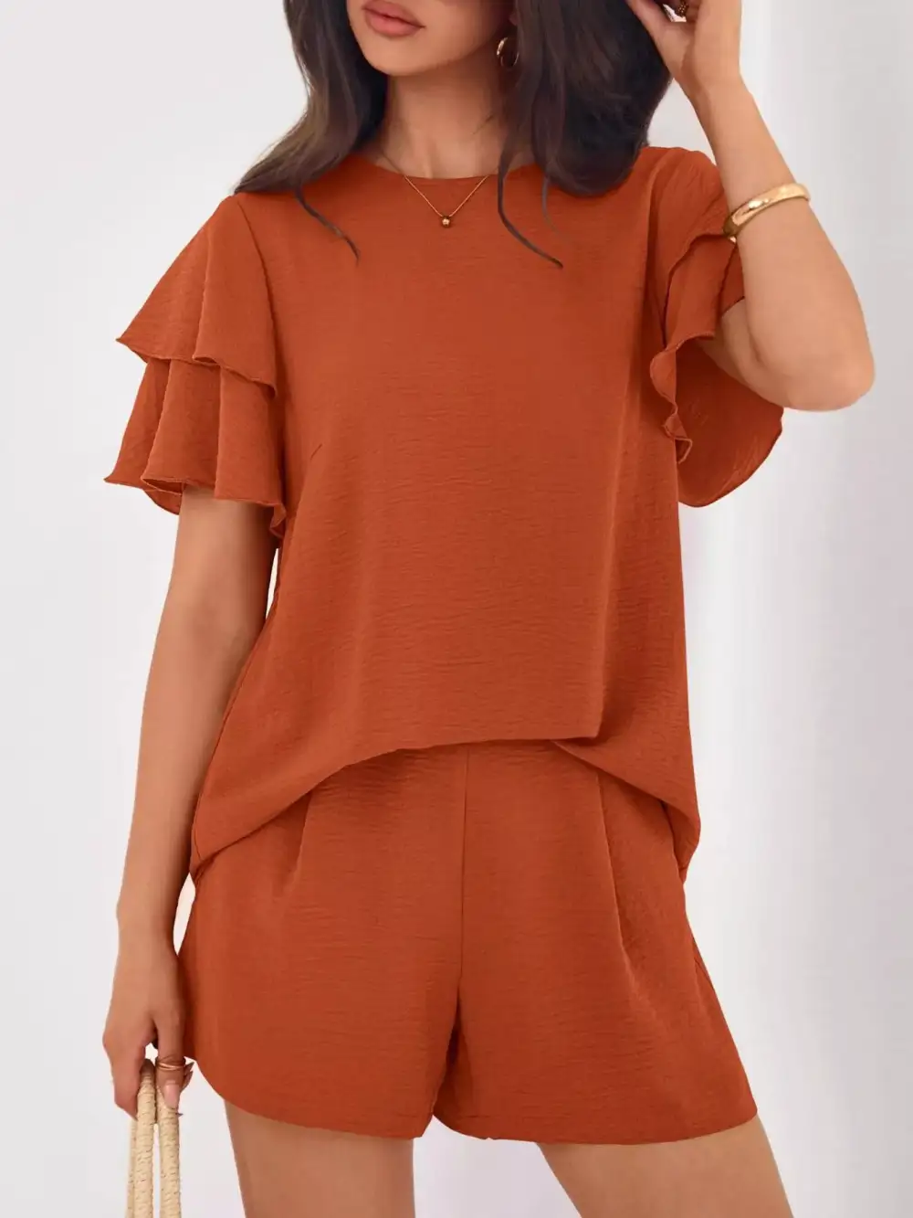 Ruffle Sleeve Top and Shorts Two-piece Set