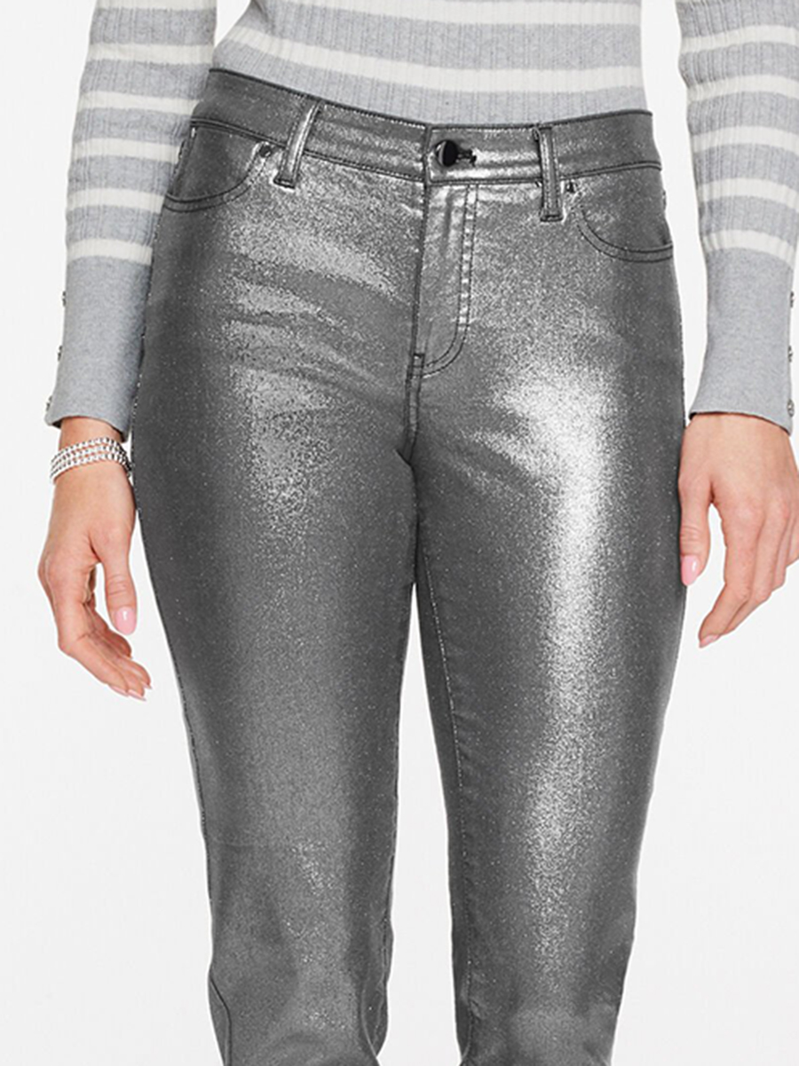 Women'S Silver-Gray Shiny Slim-Fit Cropped Pants