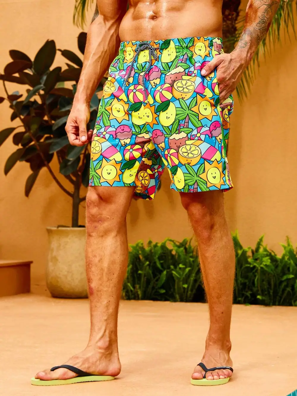 Men's Pocket Fruit Print Drawstring Swim Trunks