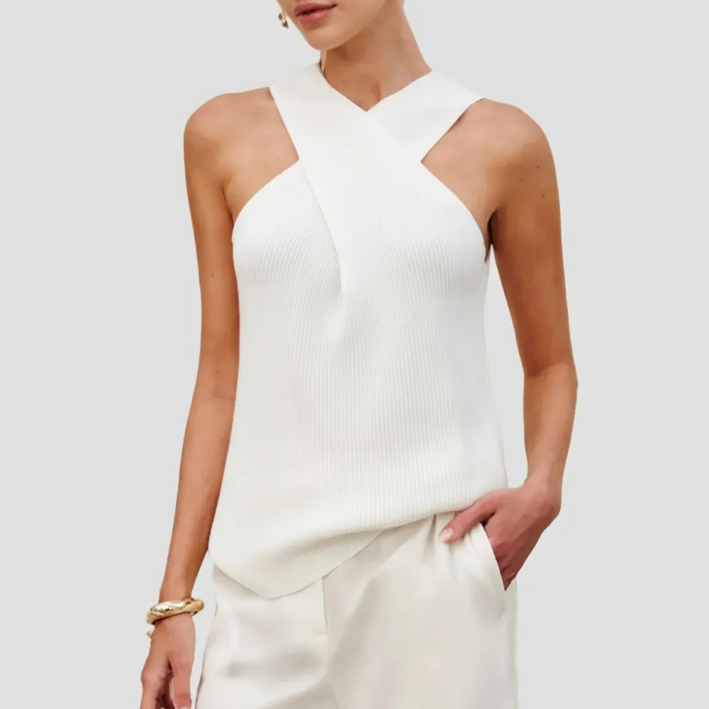 Tanming Women's Halter Cross Over Collar Tank Knit Sleeveless Camisole Top