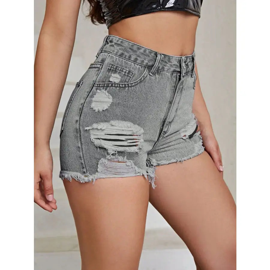 Distressed Raw Hem High Rise Denim Shorts