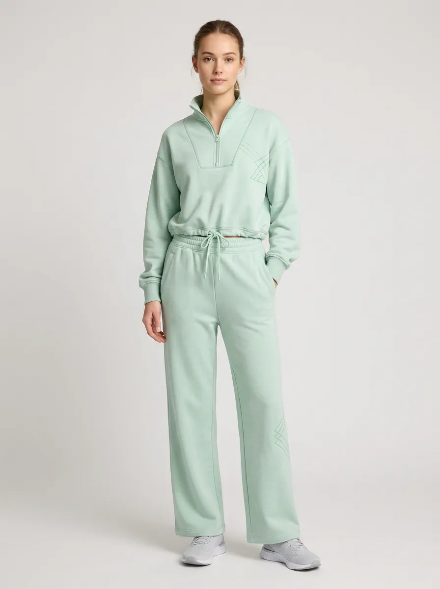 Women's Mint Green Geometric Line Printed Quarter-Zip Lounge Set