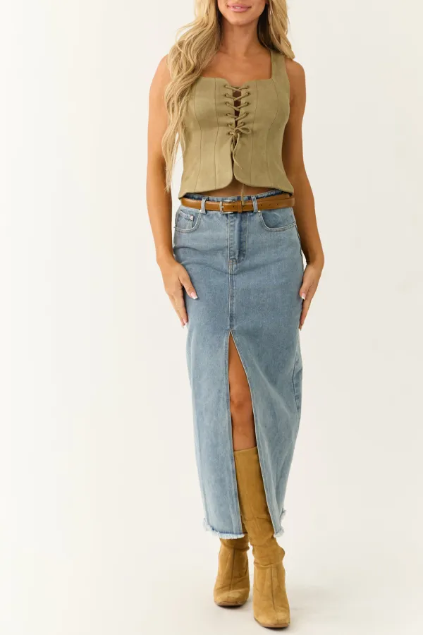 Faded Olive Princess Line Front Tie Cropped Top