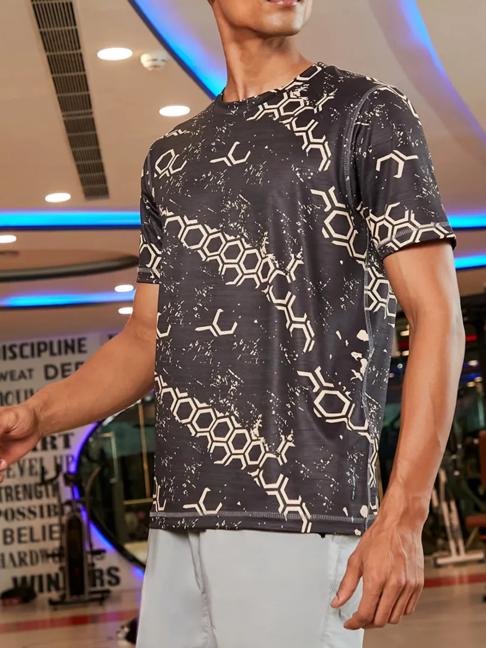 Black Crew Neck Sporty Geometric T-Shirt