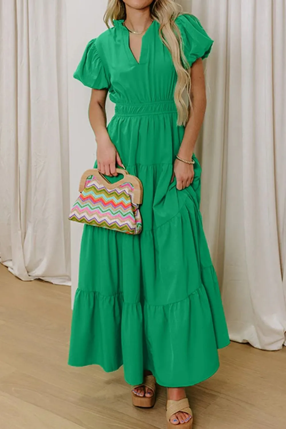 Ruffle Tiered Puff Sleeve Maxi Dress
