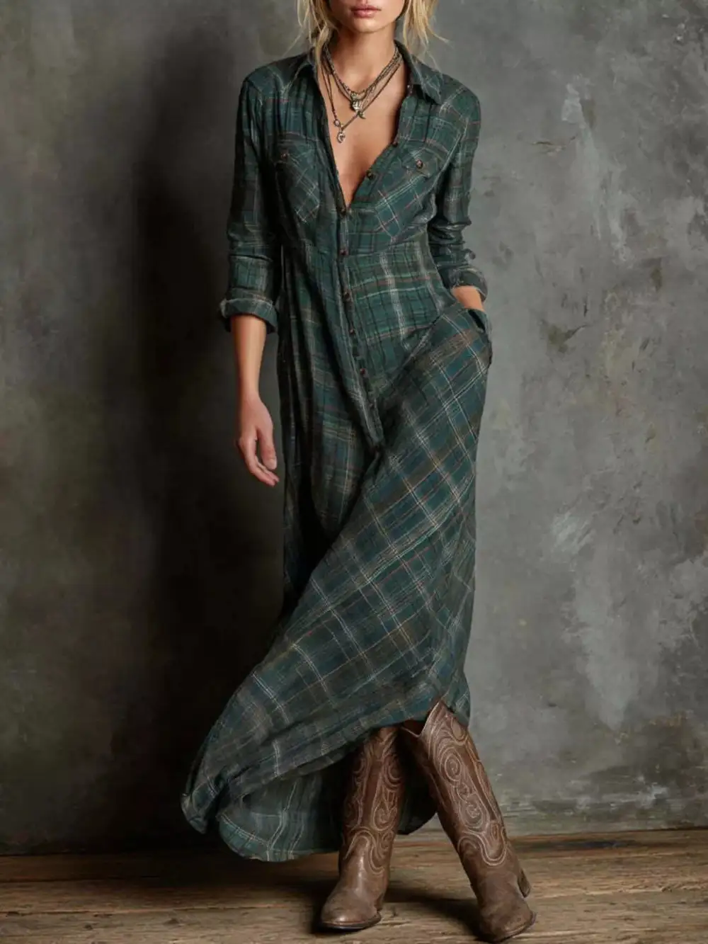 Plaid Button Front Maxi Dress