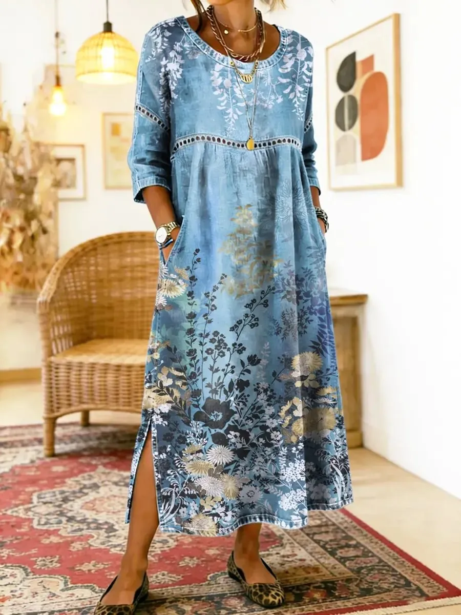 Women's Vintage Ethnic Floral Print Artistic Print Round-neck Cutout Split Dress