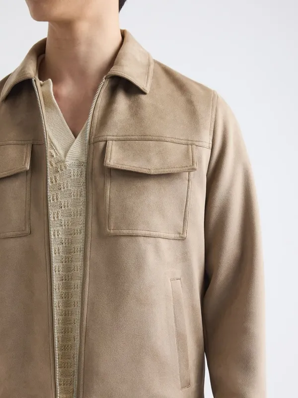 Camel Faux Suede Jacket with Shirt Collar
