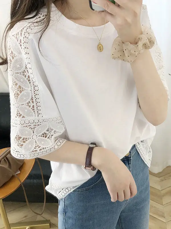 Half Sleeve Relaxed Cutout Panel Detail Round Neck T-Shirt