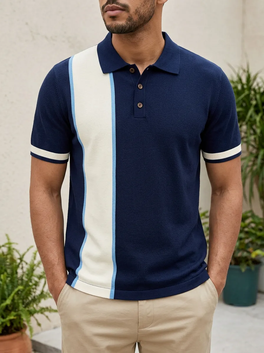 Men's Knit Ribbed Textured Vertical-Stripe Colorblock Contrast-Piping Polo Shirt