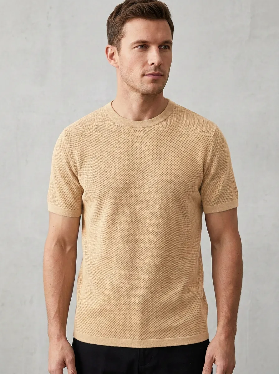 Refined Textured-Knit Minimal Men's Knit Crew-Neck T-Shirt
