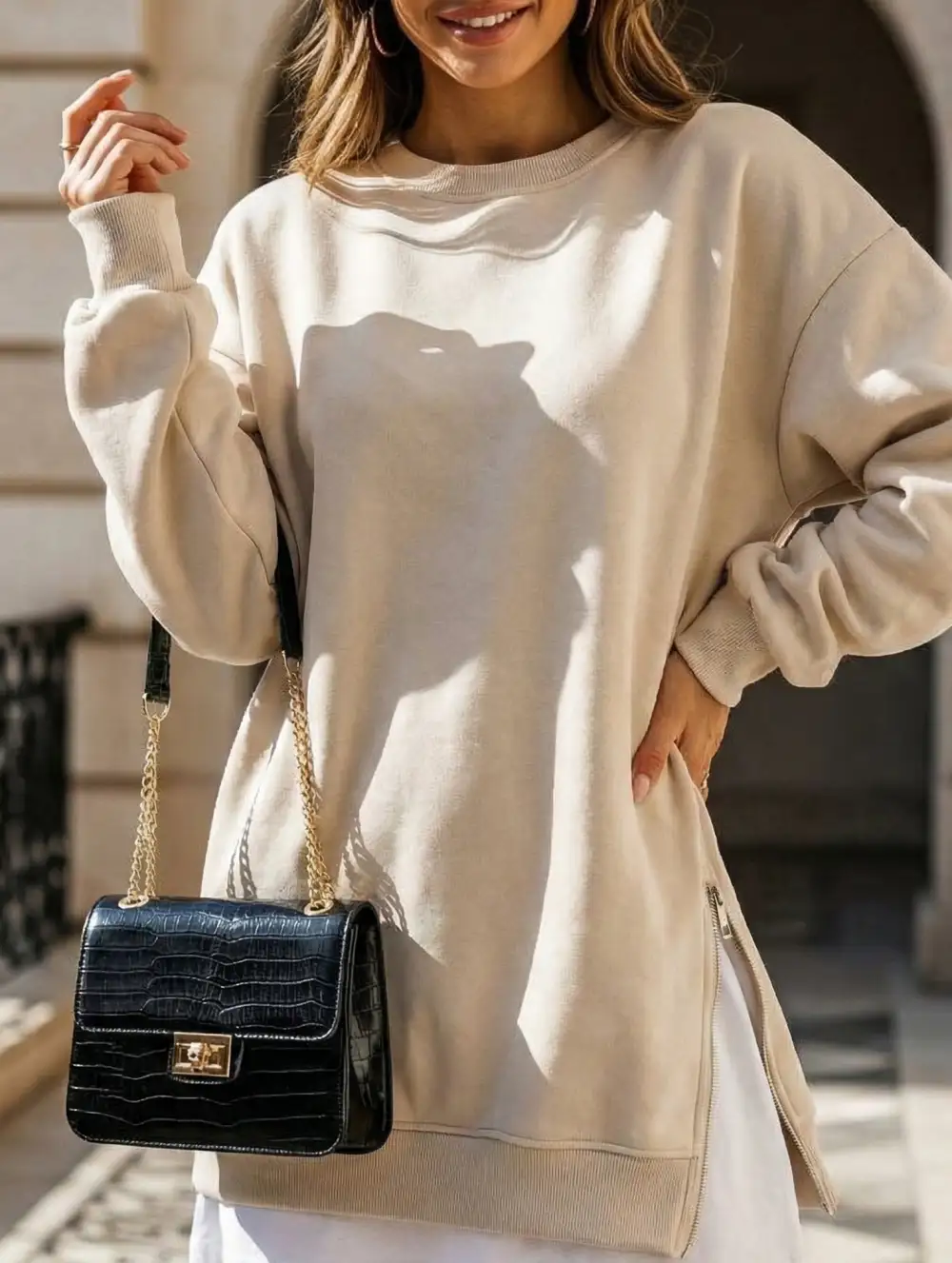 Side Zip Patchwork Pullover Sweatshirt