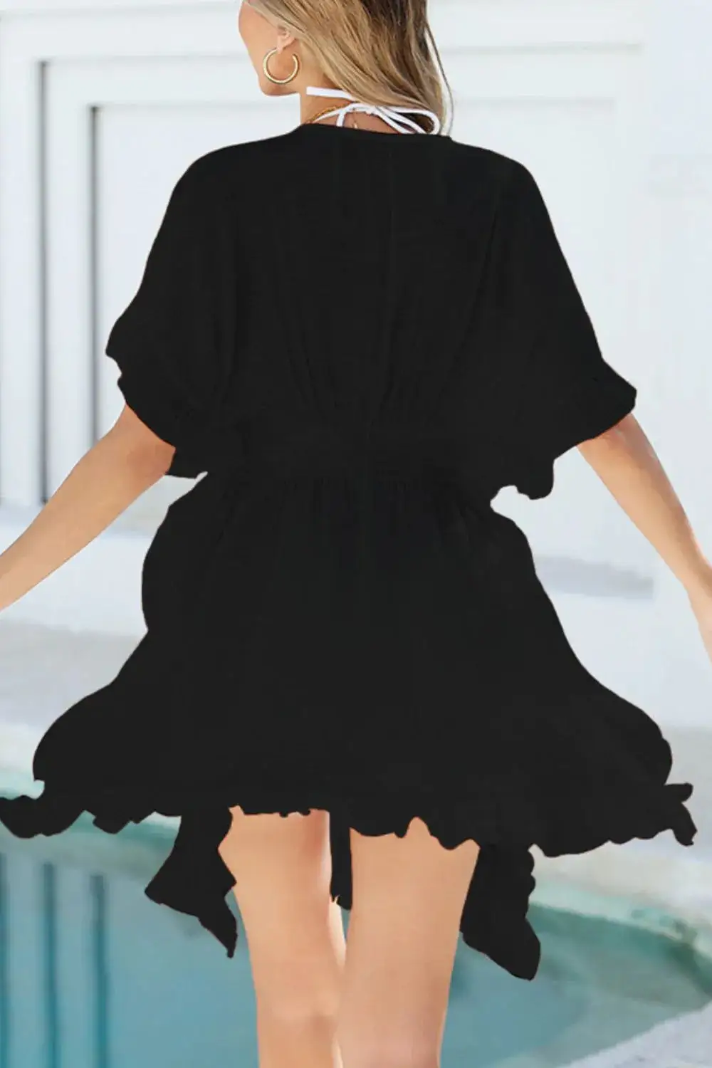 Ruffled Smocked Waist V Neck Swim Cover Up
