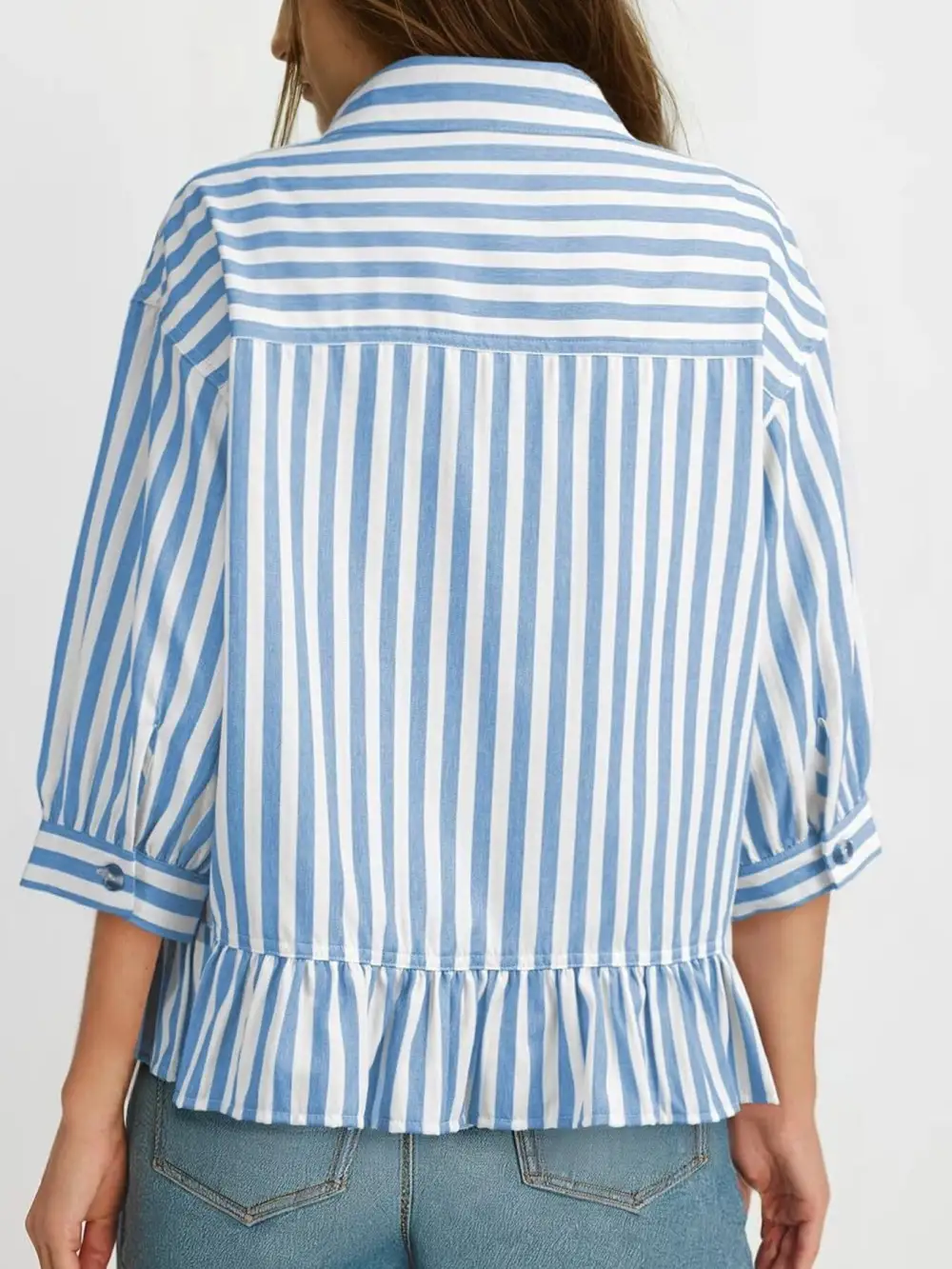Striped Ruffle Hem Button Down Shirt
